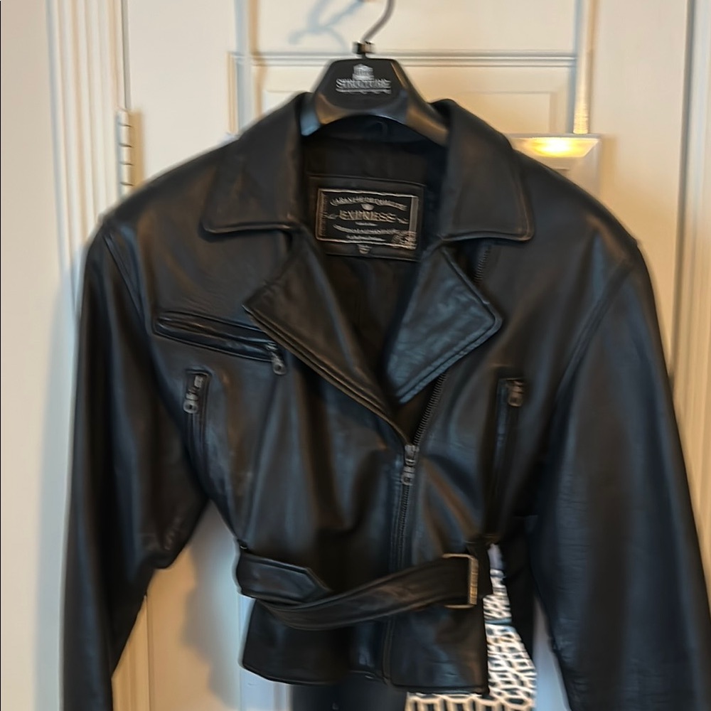 Express Black Leather Motorcycle Jacket with Asymmetrical Zipper